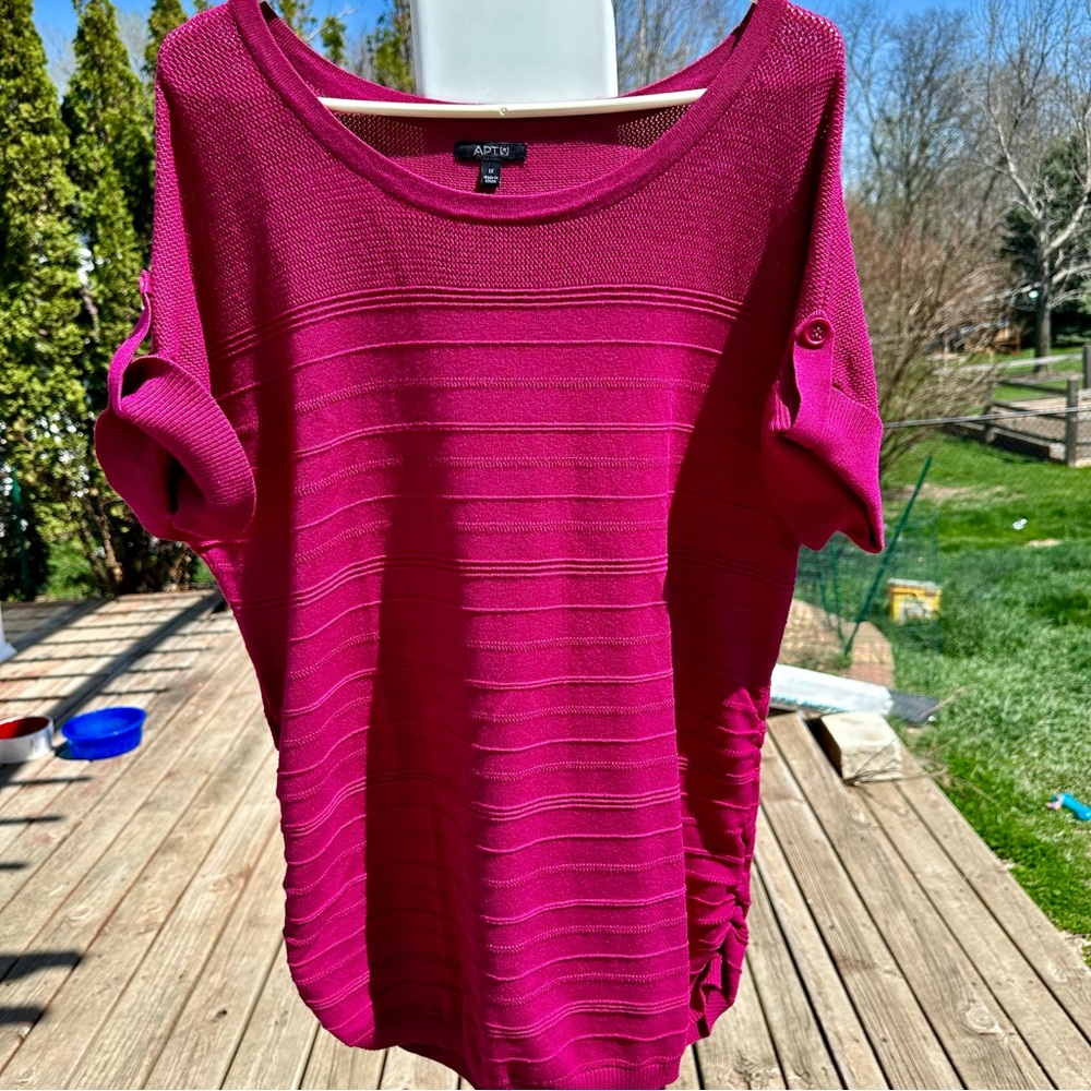 Apt. 9 Size 1X Pullover Short Sleeve Roll Tab Side Ruching‎ Fuschia Comfort